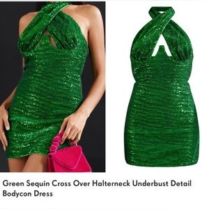 PrettyLittleThing green sequin halter dress
